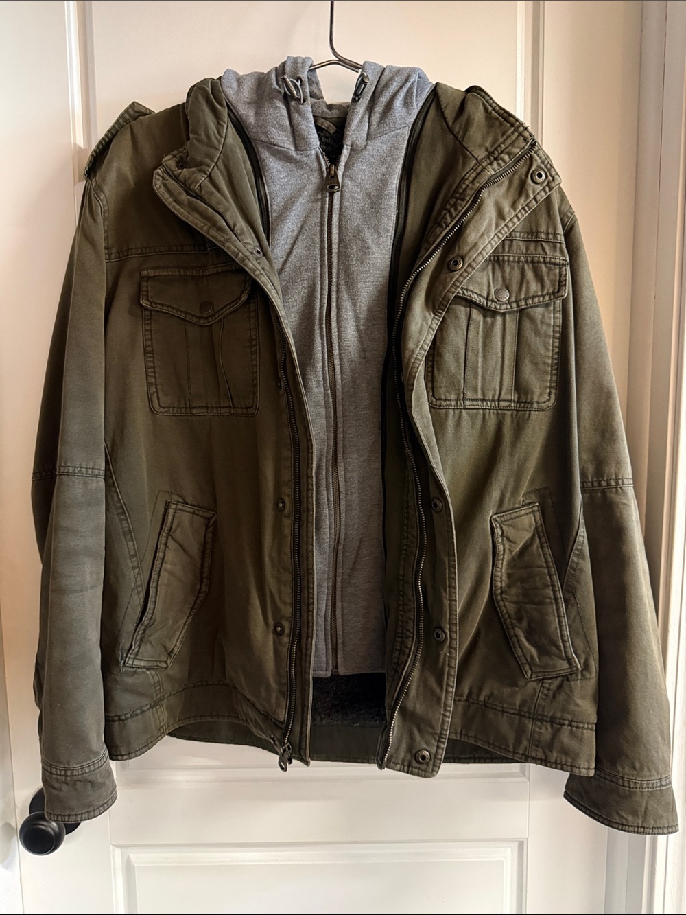 Men's Olive Green Utility Jacket with Removable Grey Hoodie